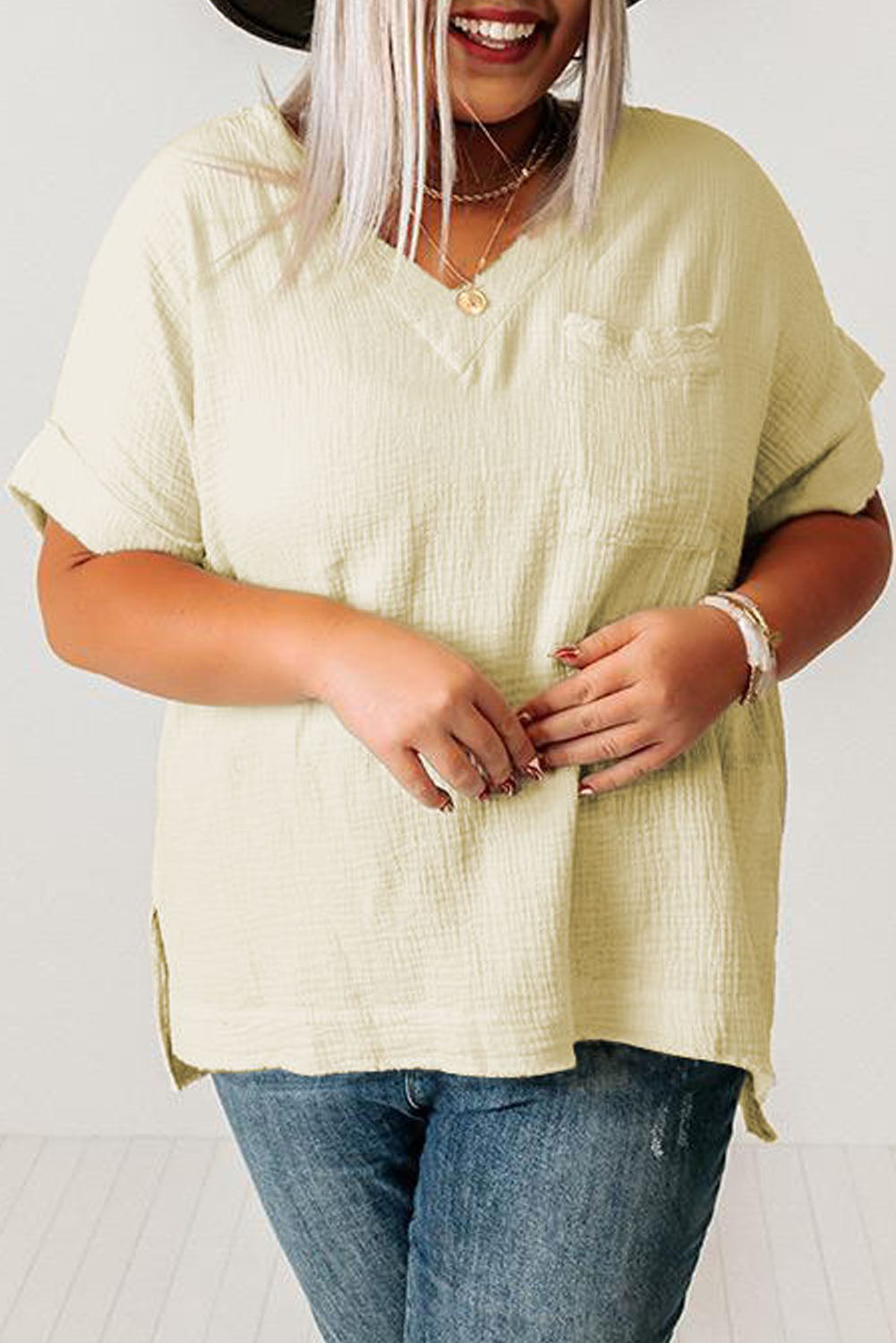 Textured V-Neck, Beige