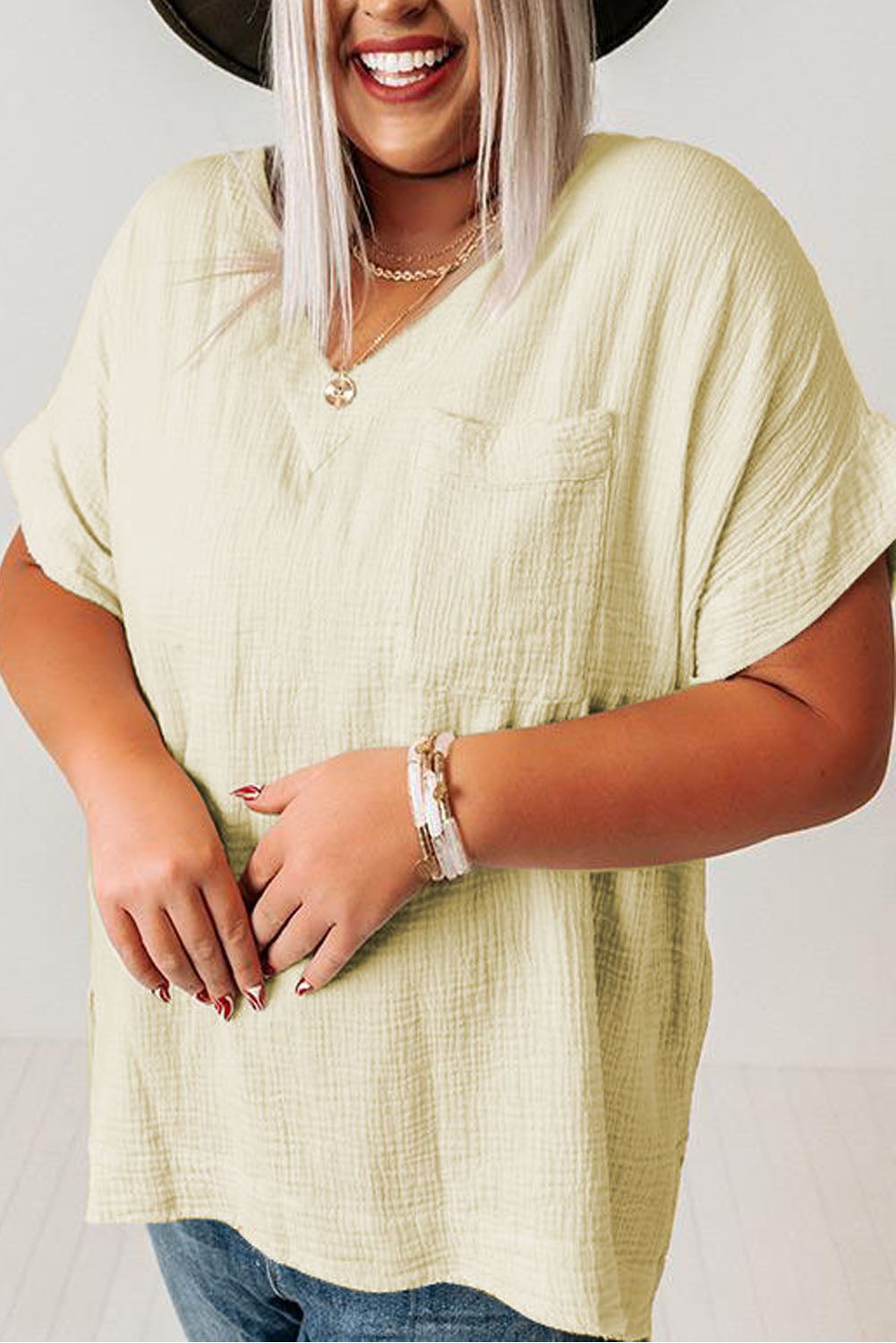 Textured V-Neck, Beige