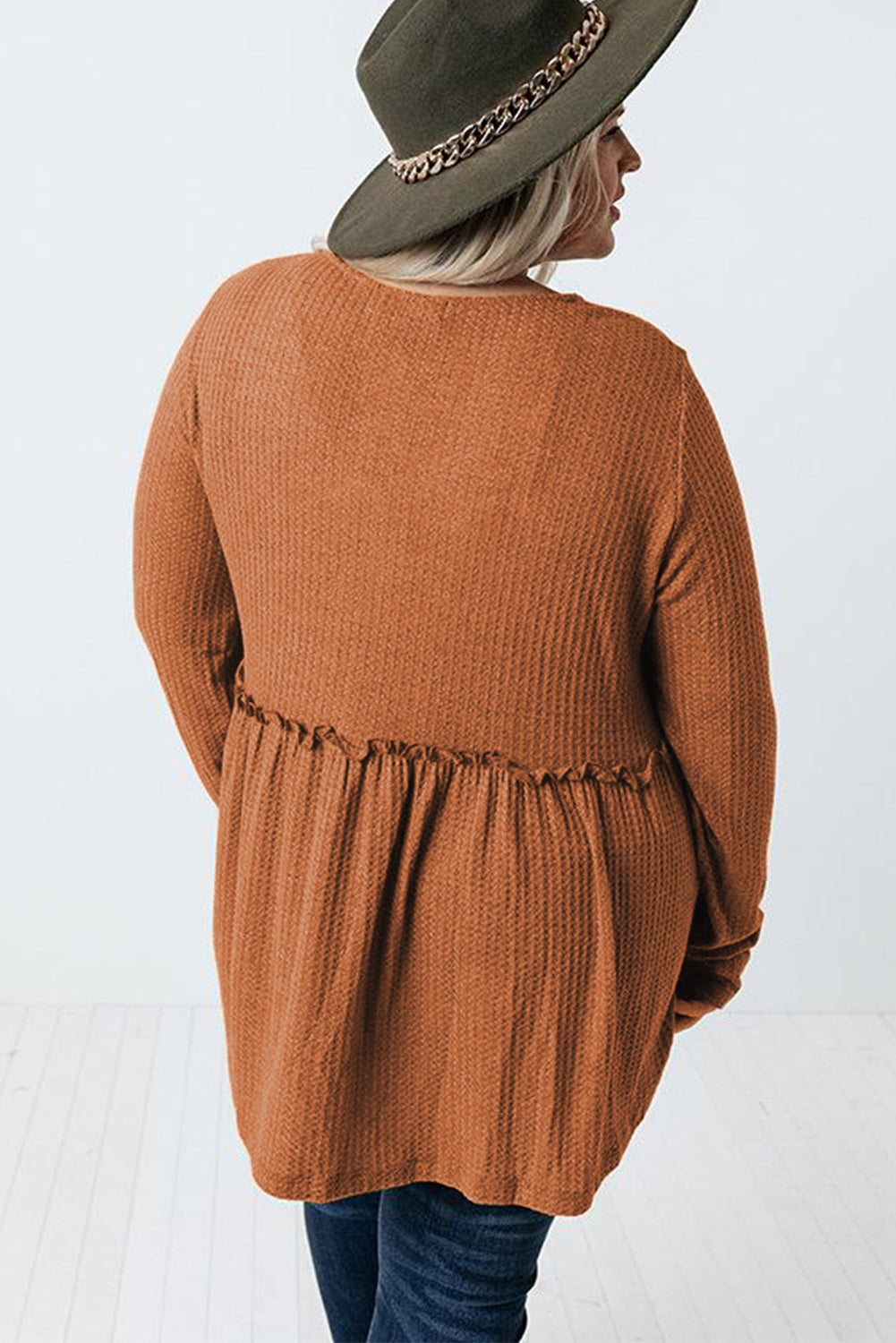Ruffle Waist Waffle Knit Blouse