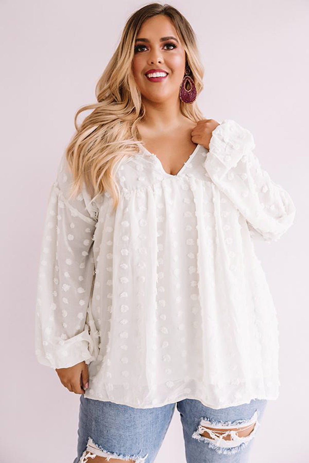 Swiss Dot Lantern Sleeve Blouse, White