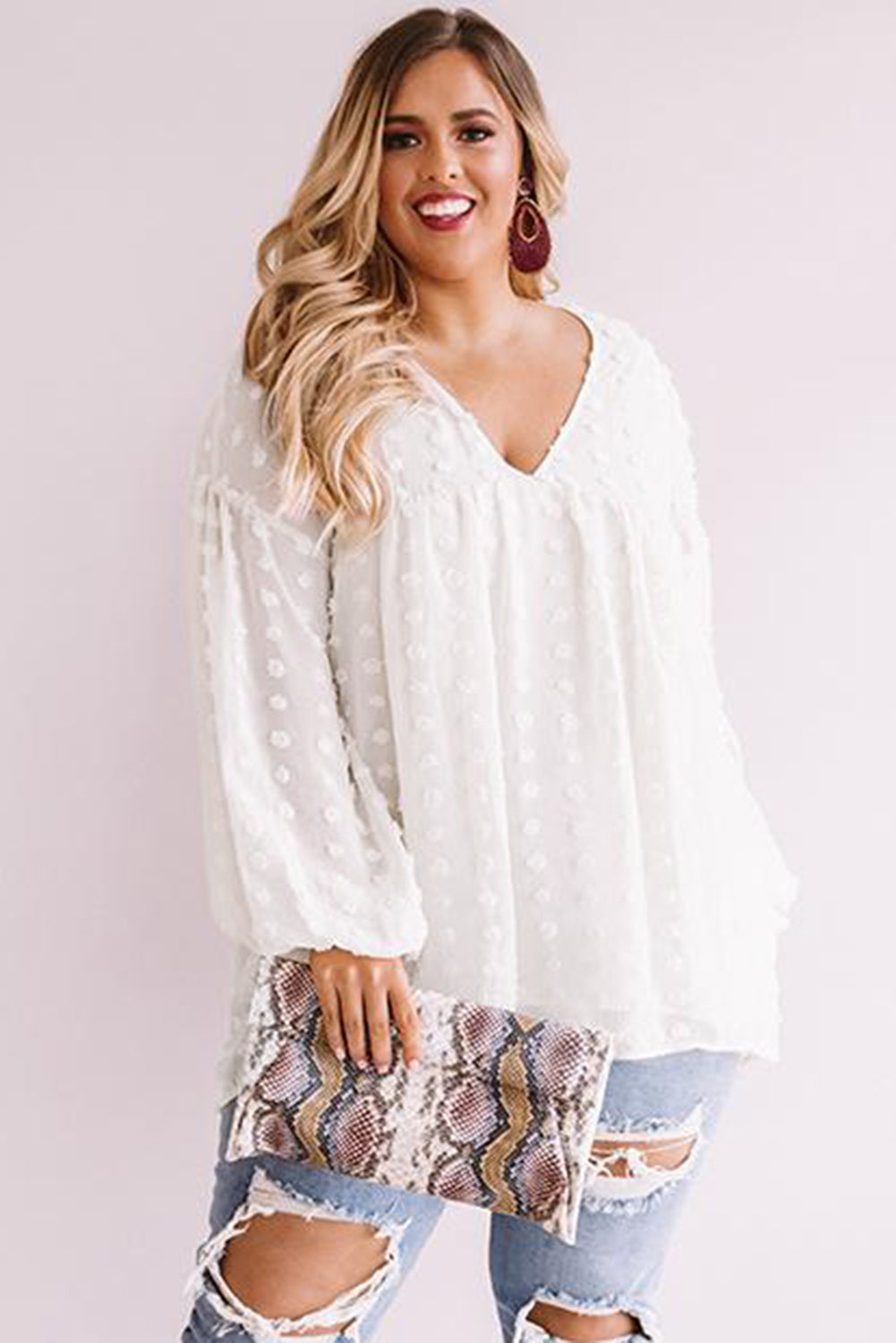 Swiss Dot Lantern Sleeve Blouse, White