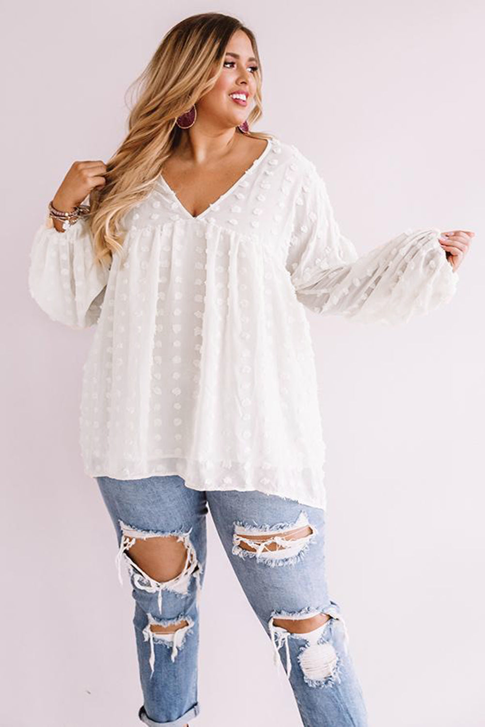 Swiss Dot Lantern Sleeve Blouse, White