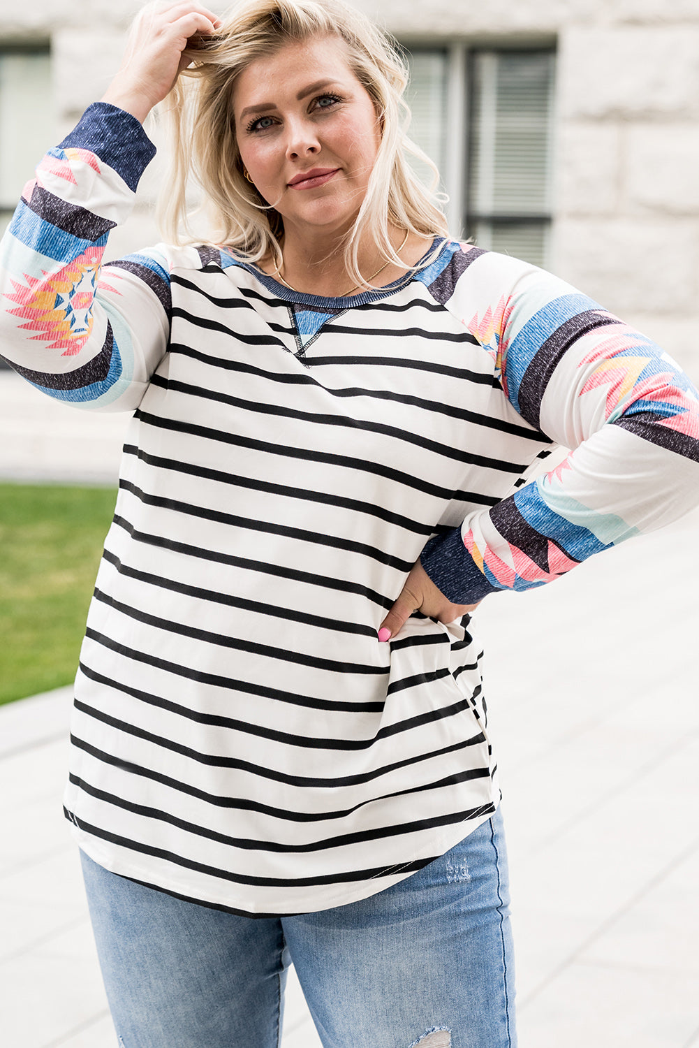 Aztec and Stripe Long Sleeve Top