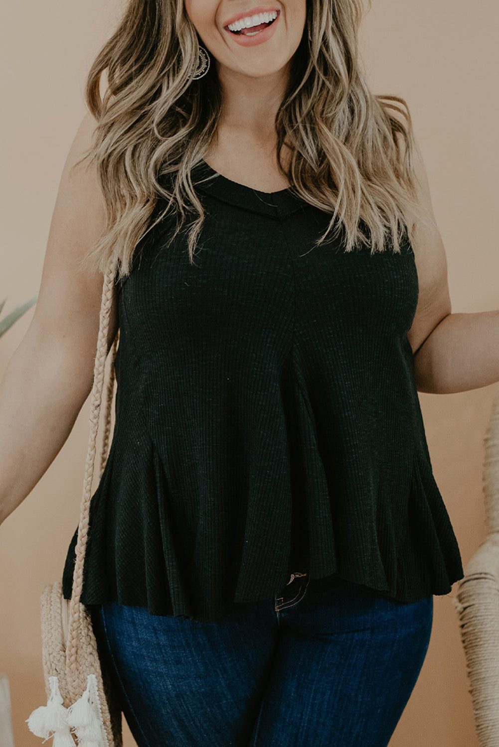 Ribbed and Ruffled Tank, Black