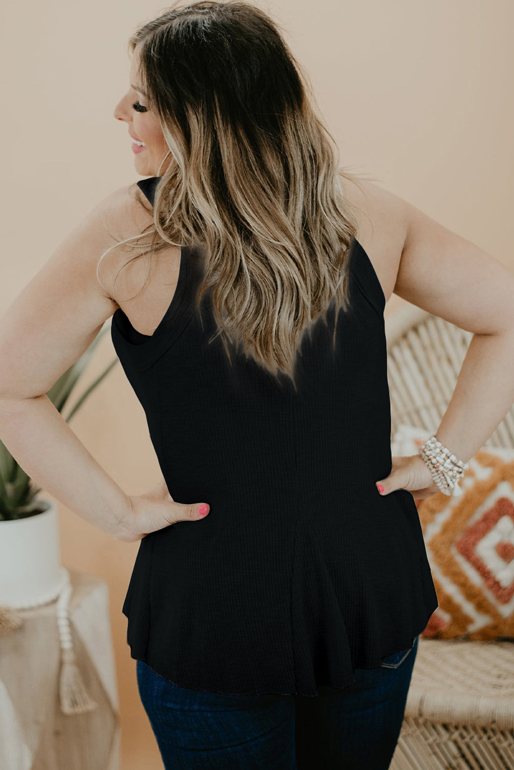 Ribbed and Ruffled Tank, Black