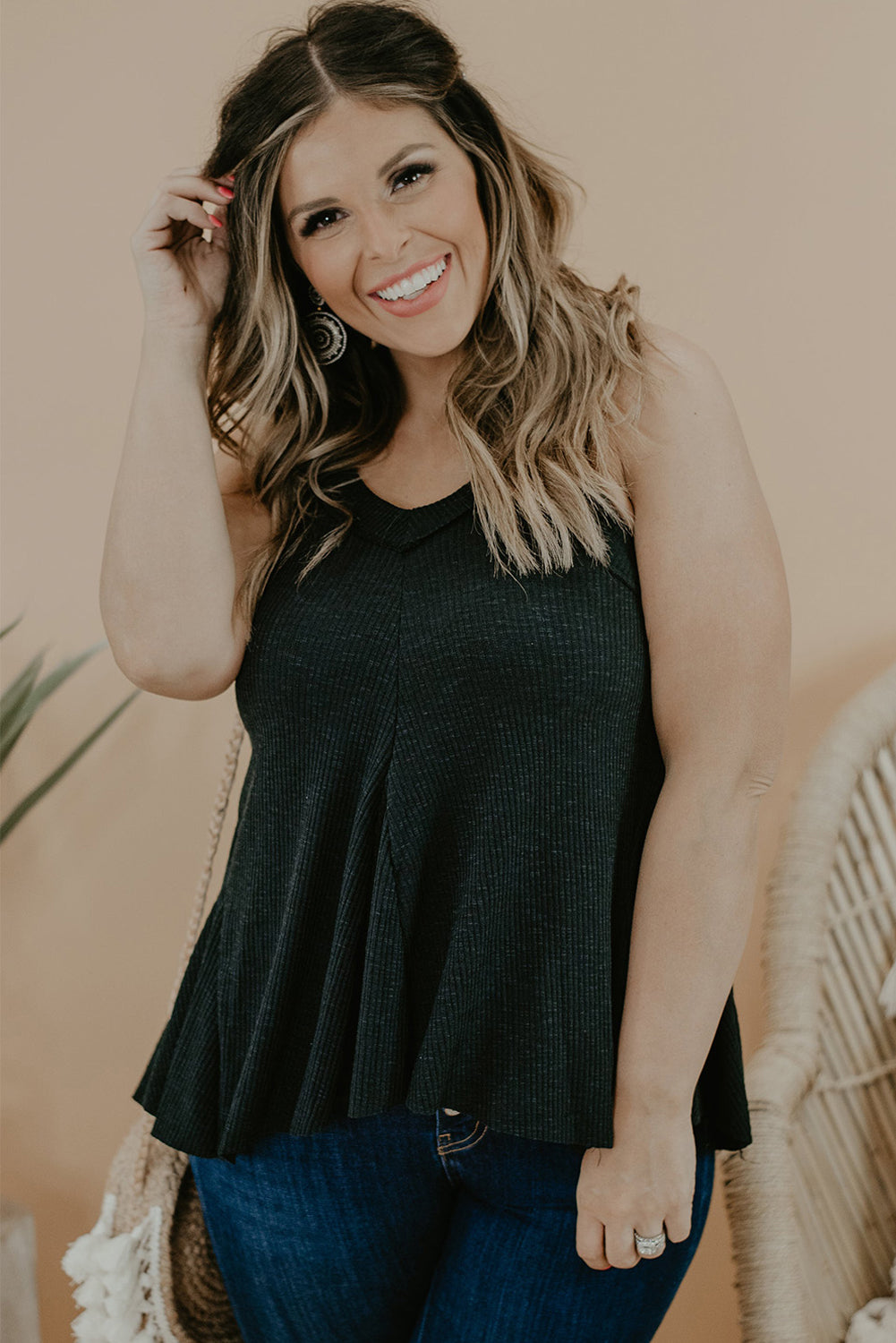 Ribbed and Ruffled Tank, Black