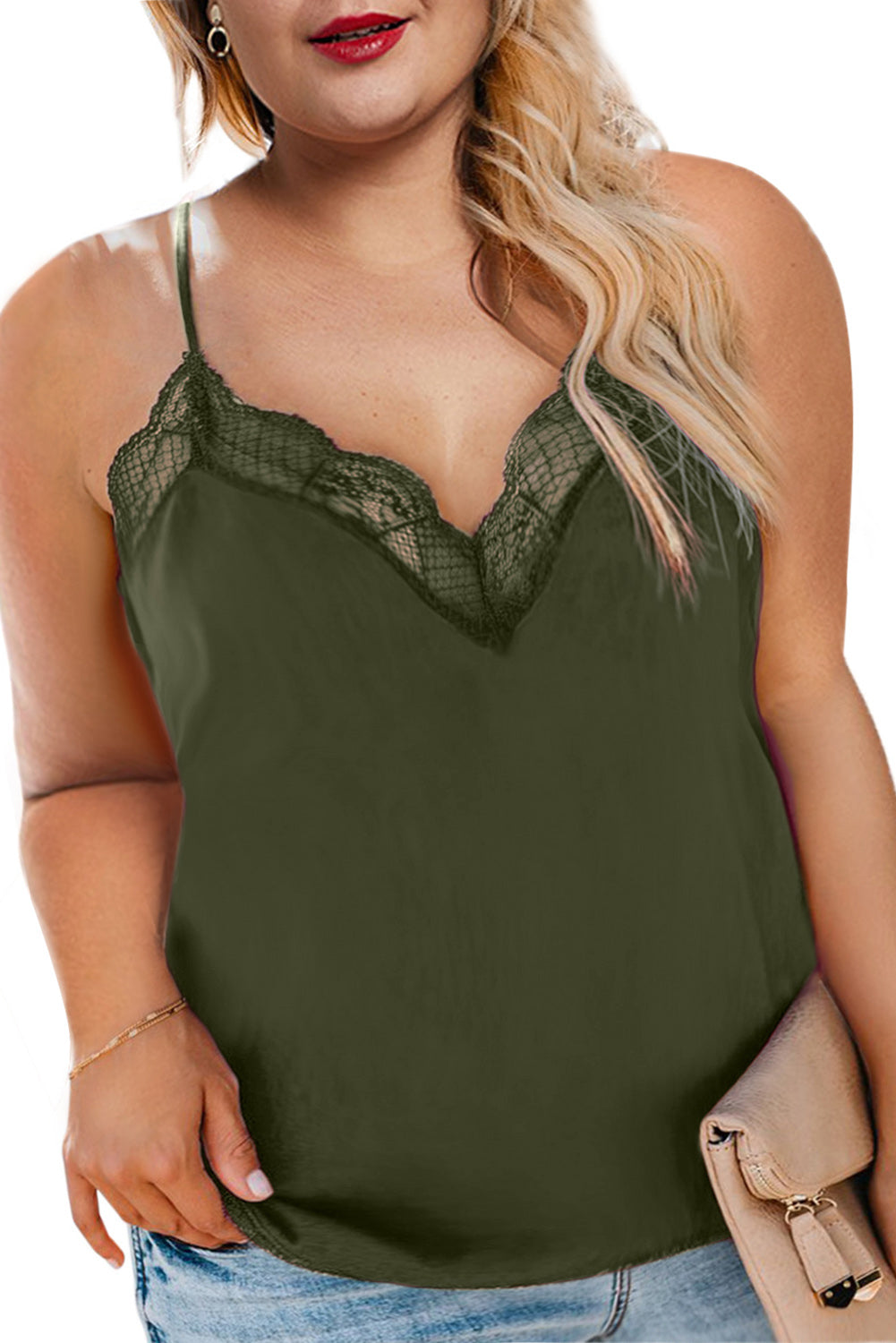 Lace Neckline Tank, Green