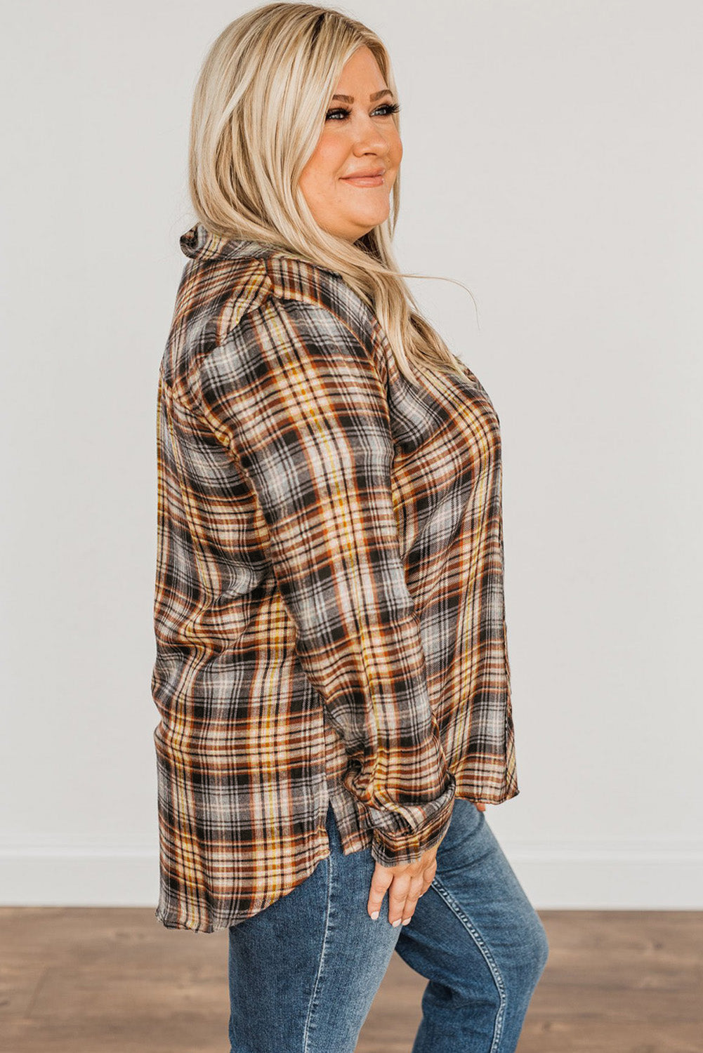 Apricot and Brown Plaid Button Down