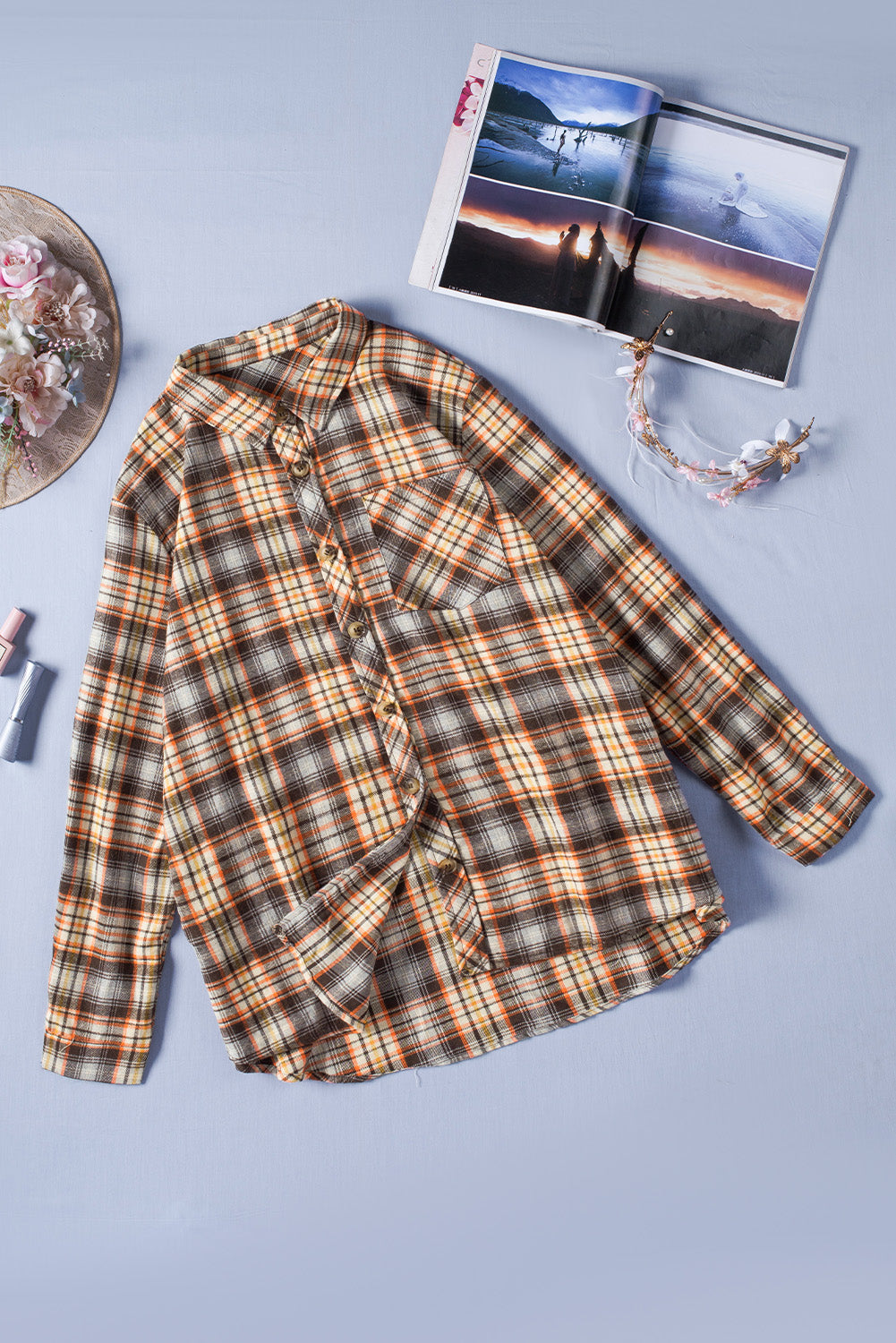 Apricot and Brown Plaid Button Down