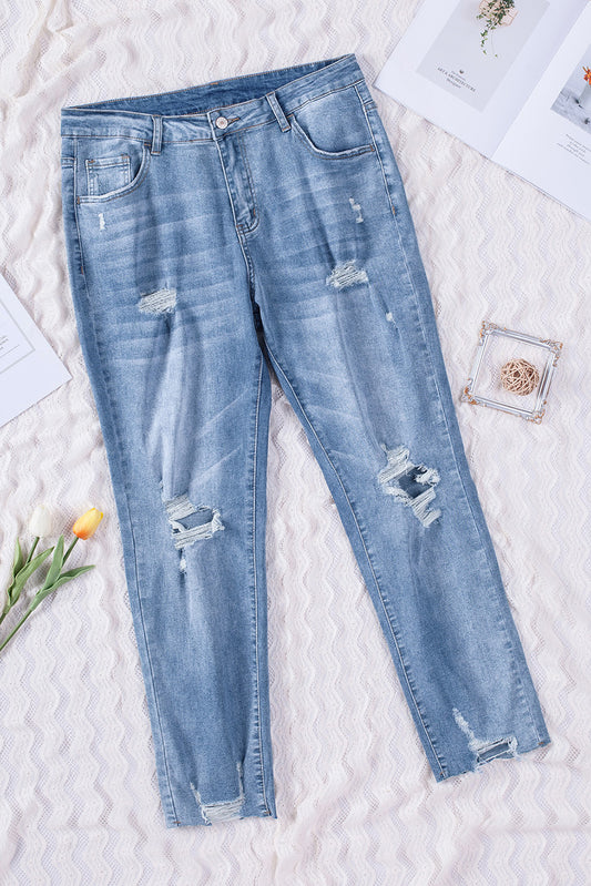 Mid-Rise Light Blue Distressed Skinny Jeans